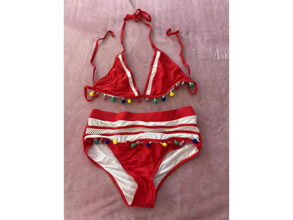 Red Bikini Set with Pom Pom Trim and White Accents